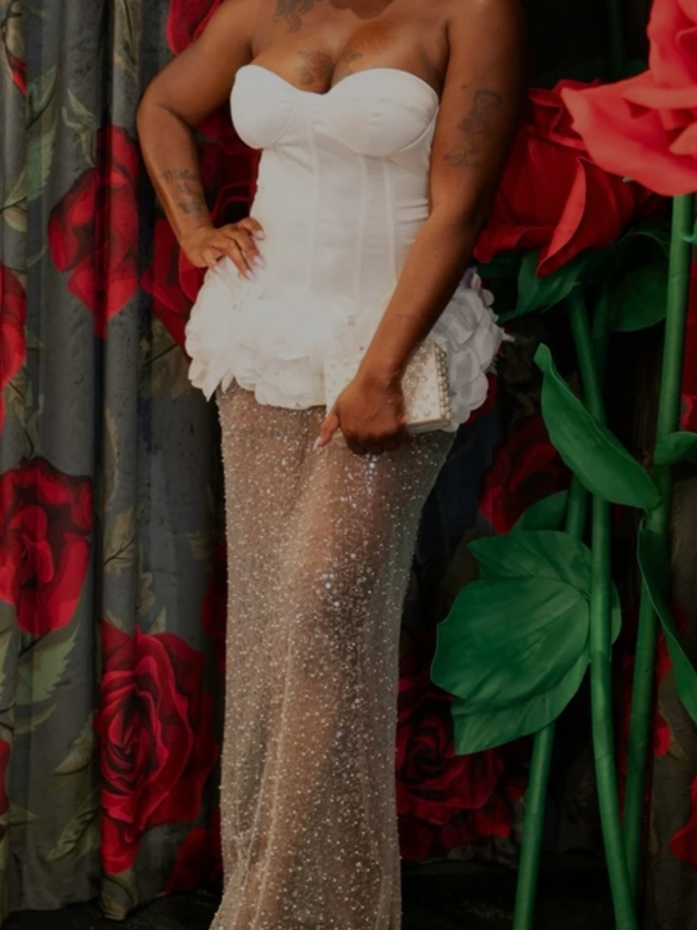 White Strapless Corset Dress with Beaded Sheer Skirt